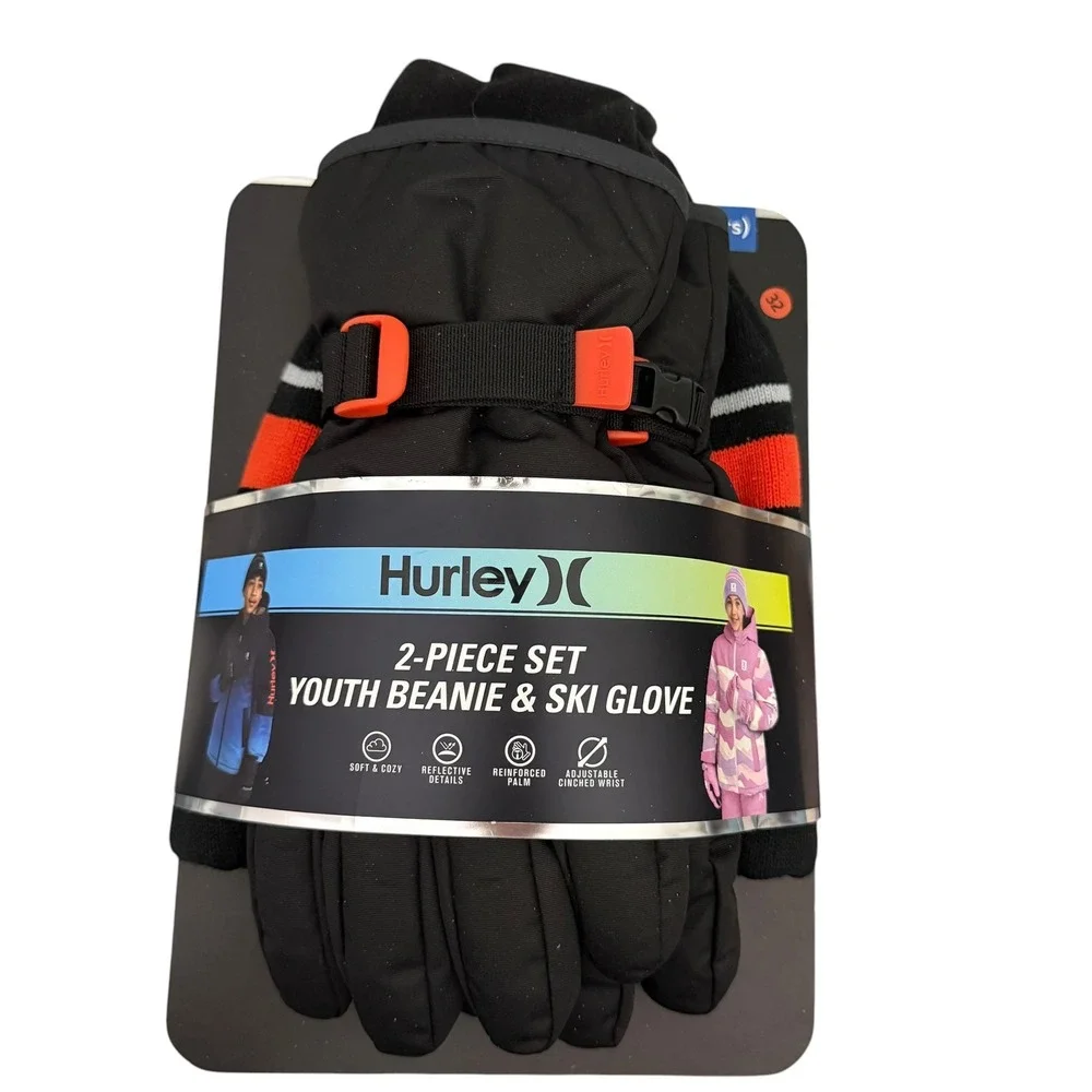 Hurley Youth Beanie and Ski Glove Size L 2-pc Set Reflective Black Orange NWT